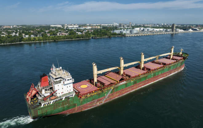 A cargo ship near the Port of Montreal.