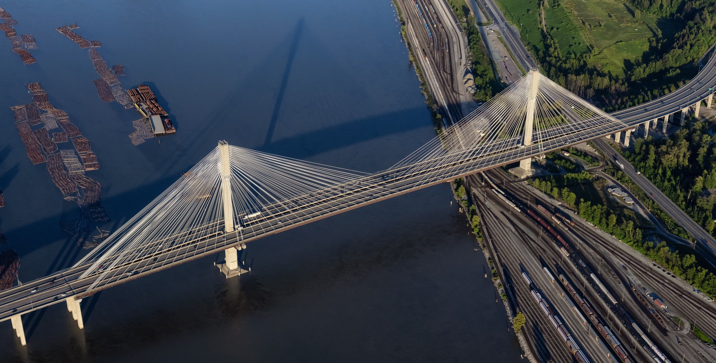 Aerial view on Fraser River and Port Mann Bridge.