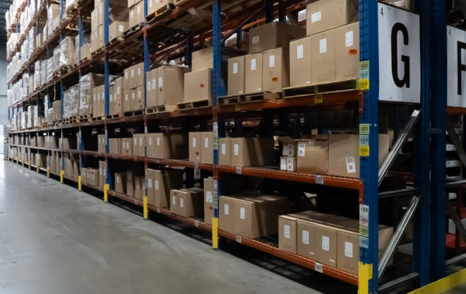 Boxes on shelves from an e-commerce operation.
