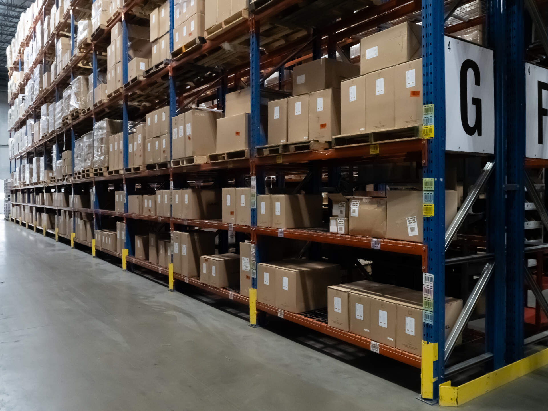 Boxes on shelves from an e-commerce operation.